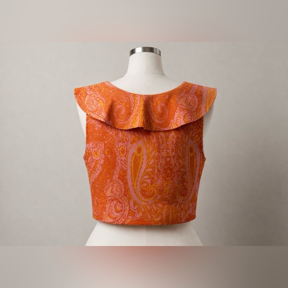 ZARA Rare Orange Pink Paisley Ruffle Crop Blouse Size L NWT Sleeveless Boho Top - Picture 2 of 8